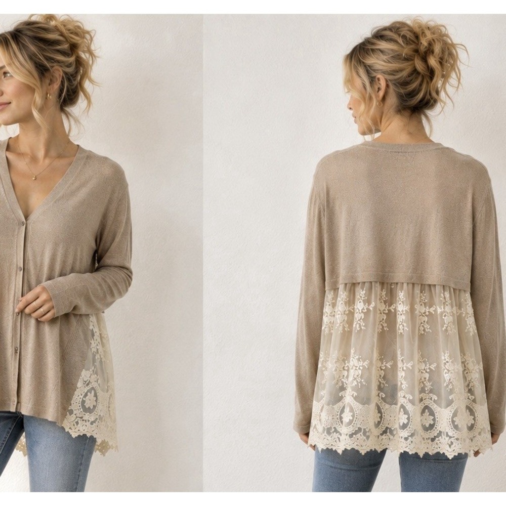 Style & Co Lace Back Cardigan Sweater XXL 2X Lightweight Beige Boho Romantic